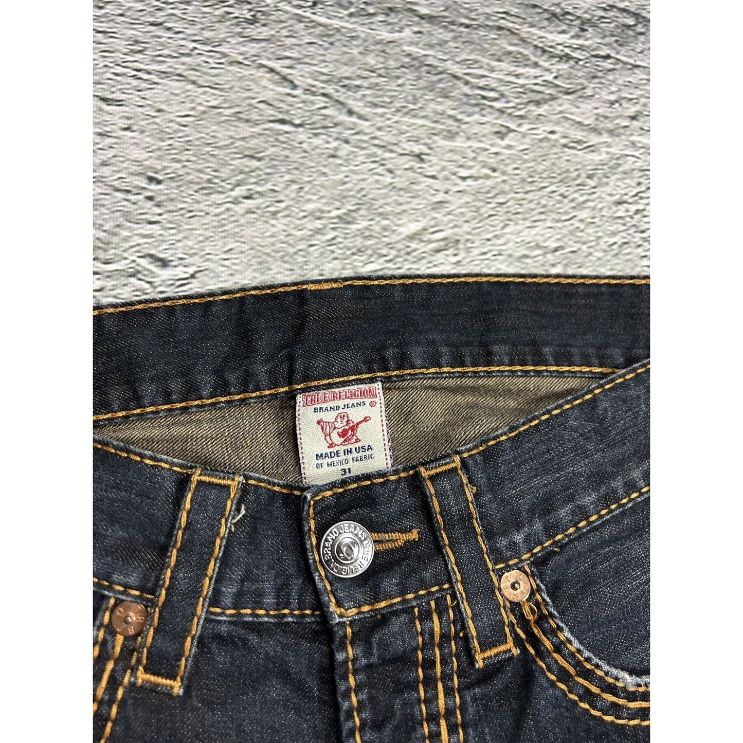 True Religion dark navy jeans orange thick stitching Y2K