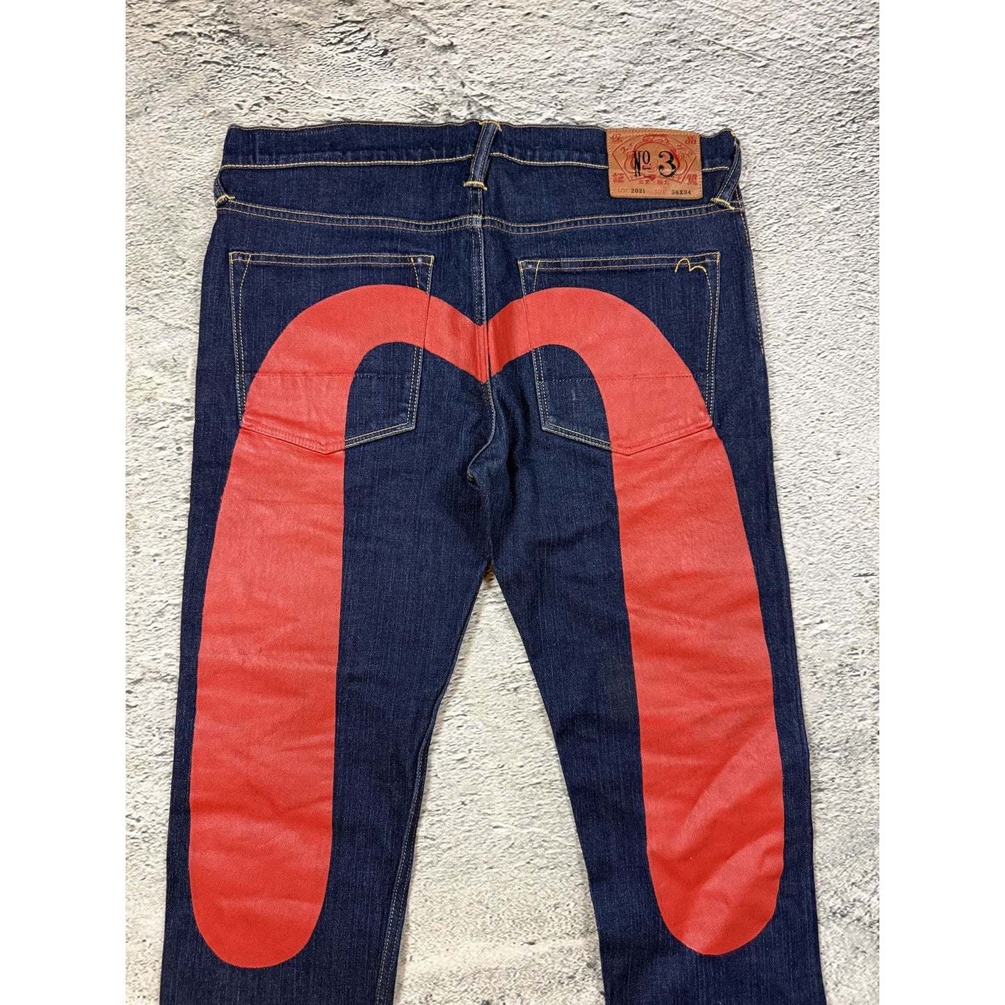 Evisu jeans daicock red big logo navy raw denim Selvedge