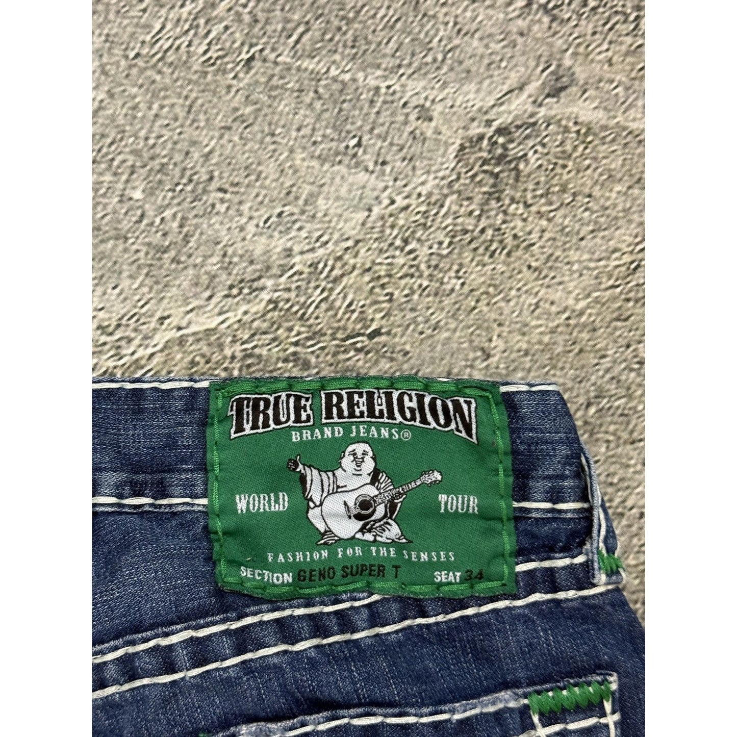 True Religion Geno Green tab blue jeans white stitching