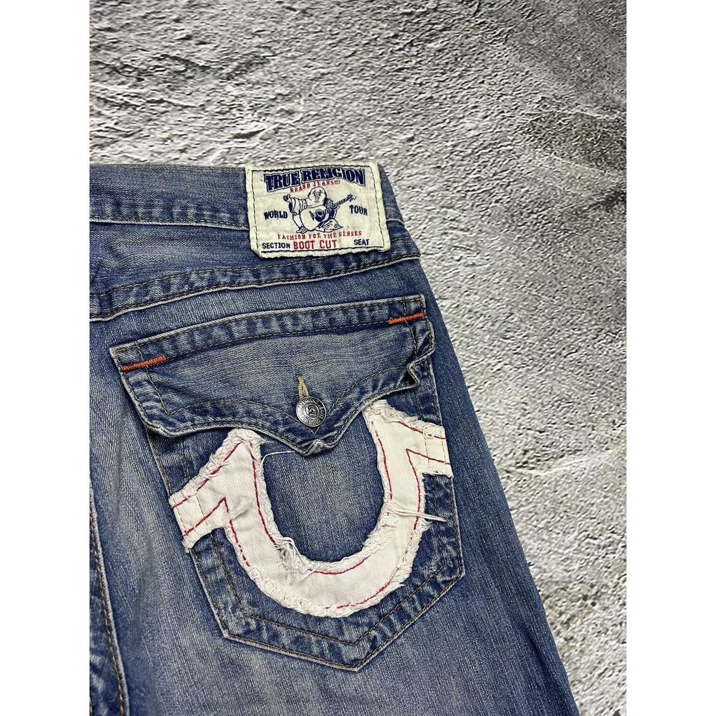 True Religion vintage blue jeans white big logo bootcut