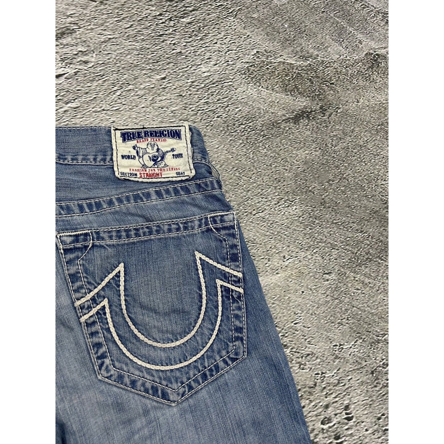 True Religion blue jeans white thick stitching straight Y2K