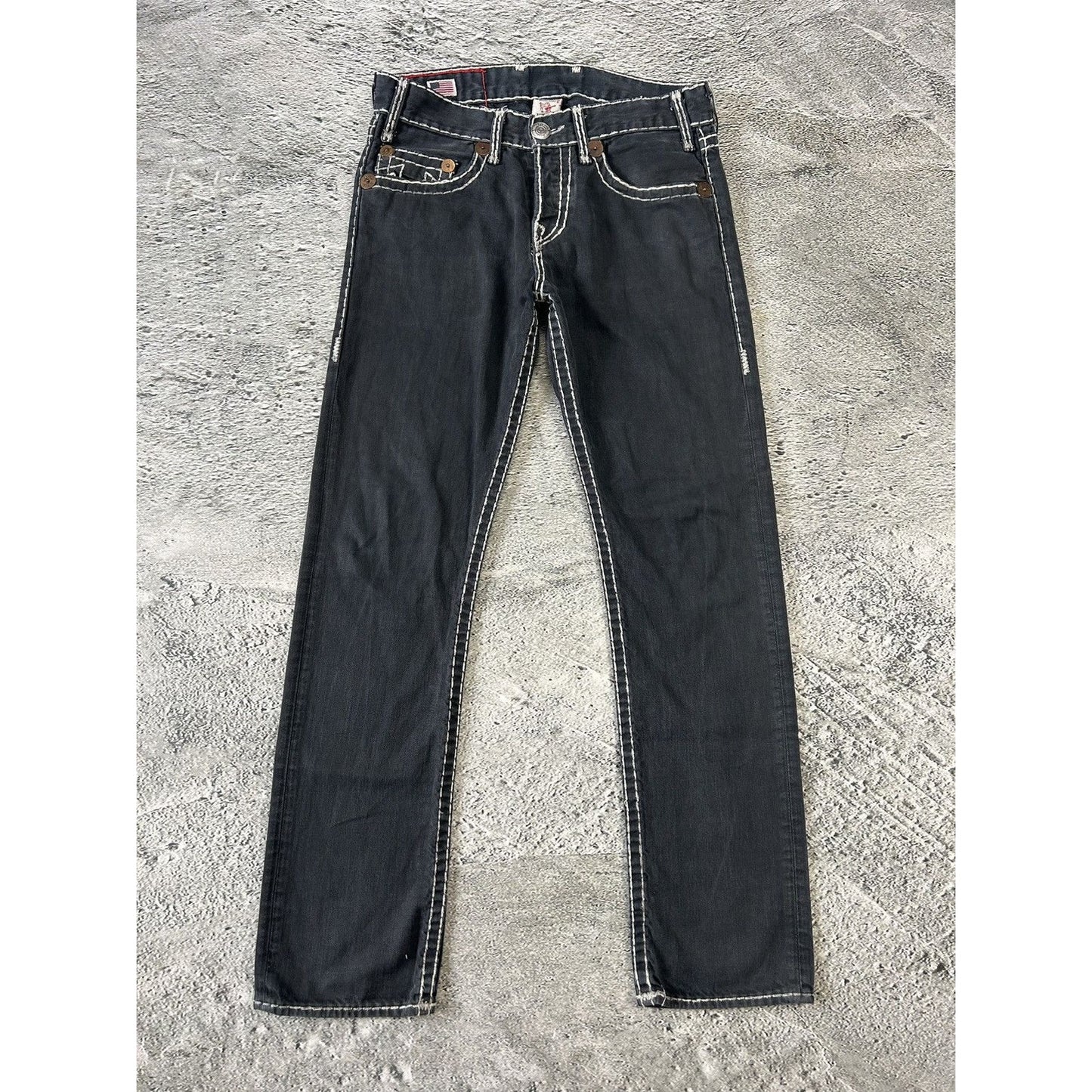 True Religion vintage black jeans denim white stitching