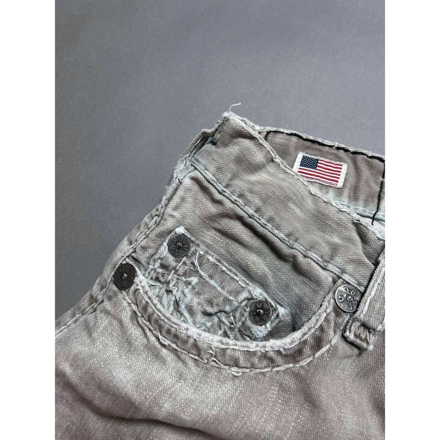True Religion vintage beige jeans black thick stitching Y2K