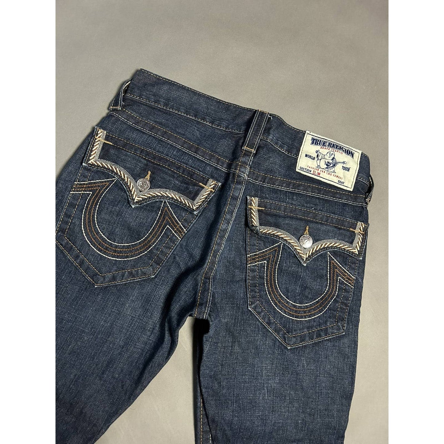 True Religion vintage navy jeans brown thick stitching Y2K