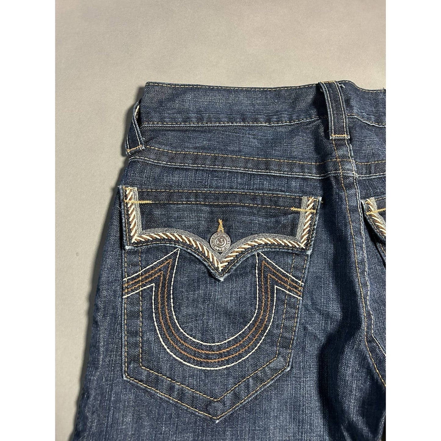 True Religion vintage navy jeans brown thick stitching Y2K