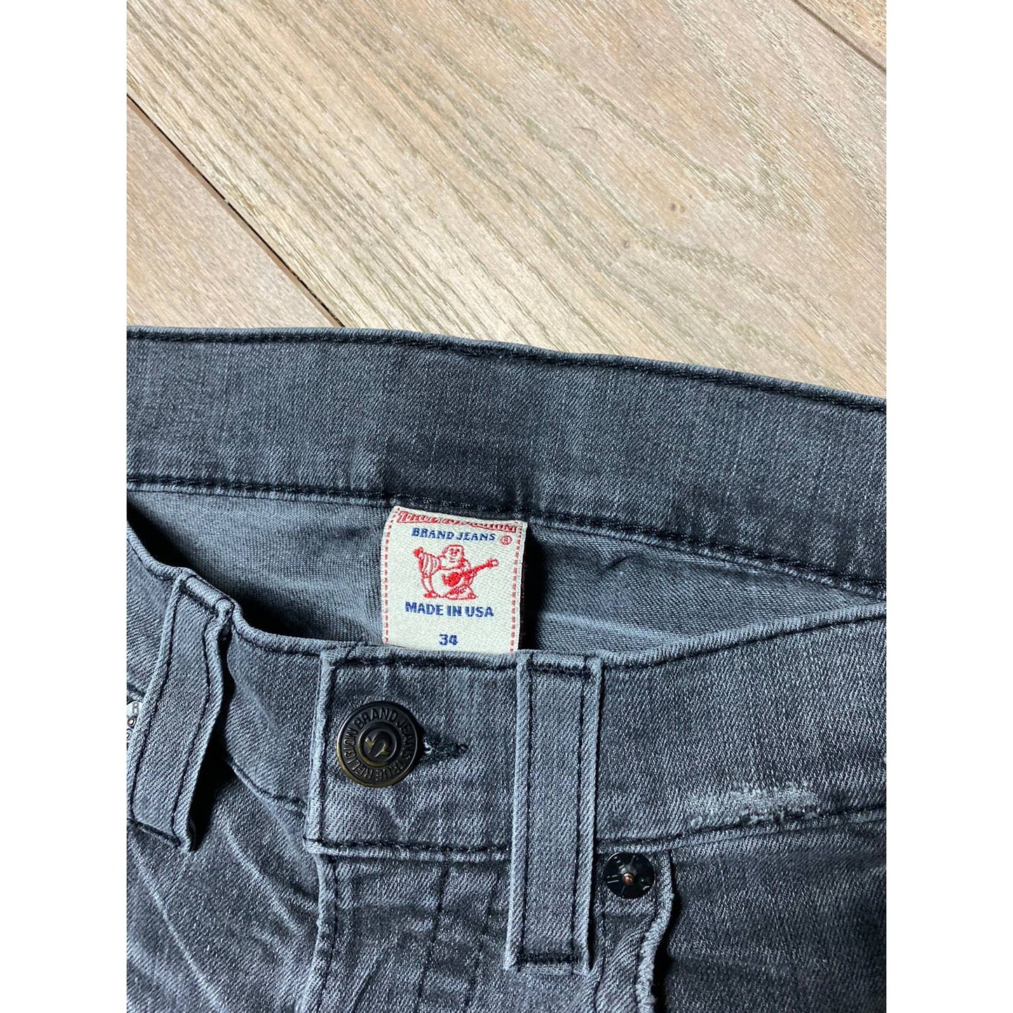 True Religion vintage grey jeans black thick stitching Y2K