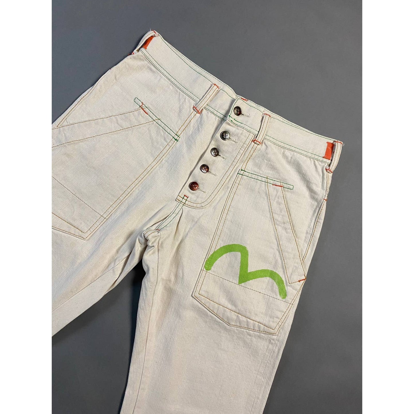 Evisu Genes Osaka vintage white jeans selvedge green orange