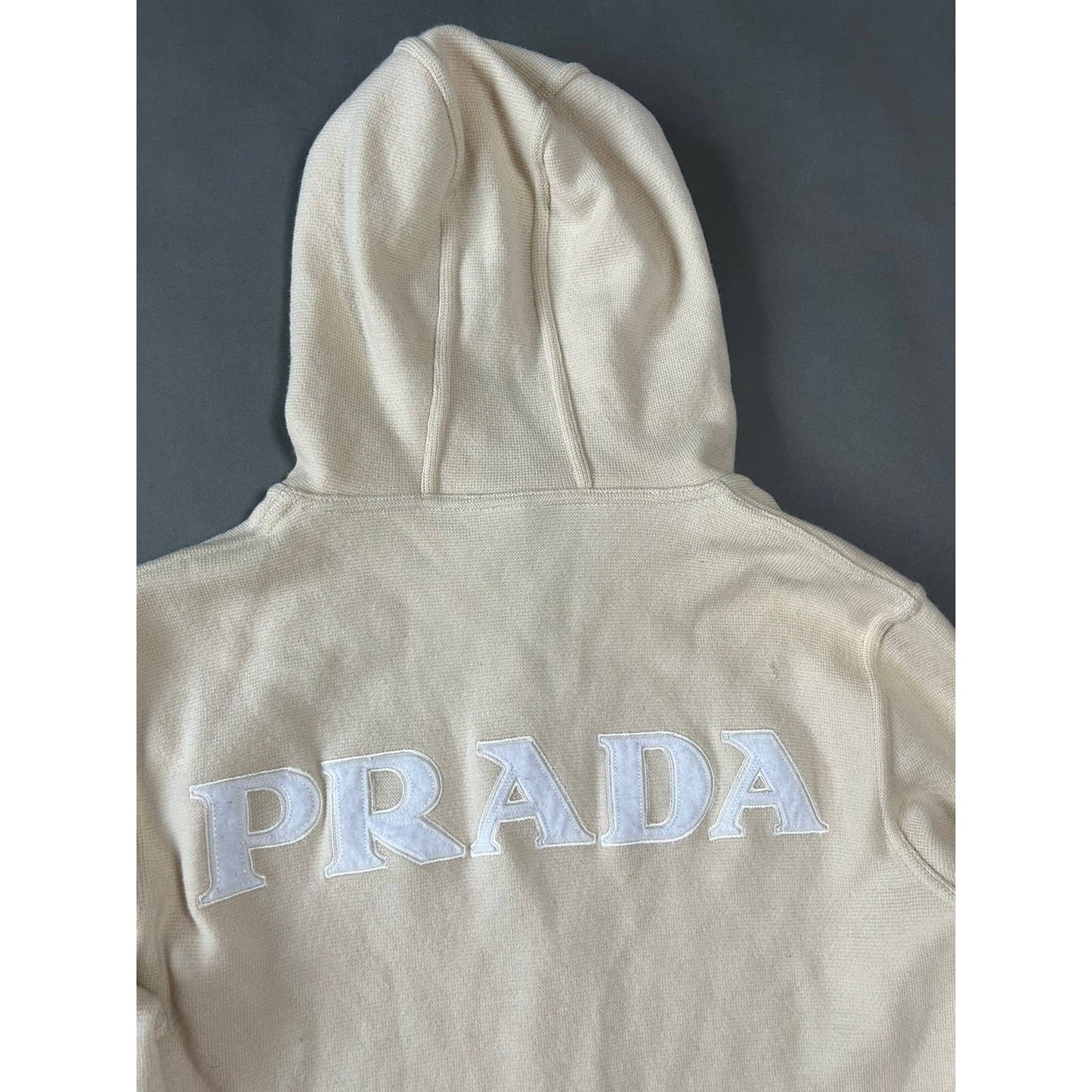 Archive Prada wool zip hoodie big logo red tab cream