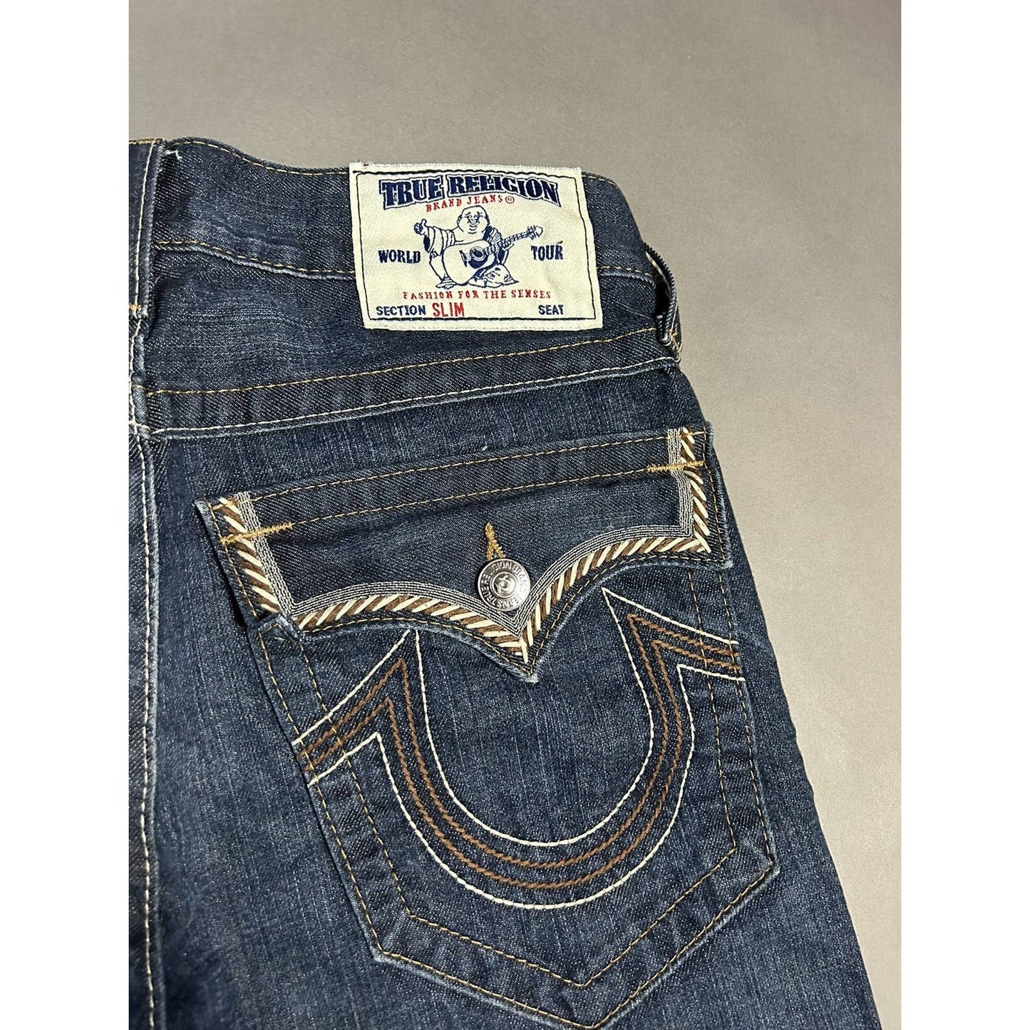 True Religion vintage navy jeans brown thick stitching Y2K