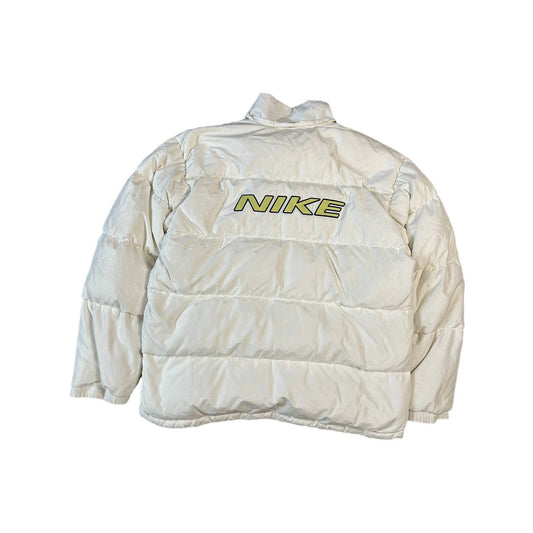 Nike vintage puffer jacket big logo white neon yellow 90s