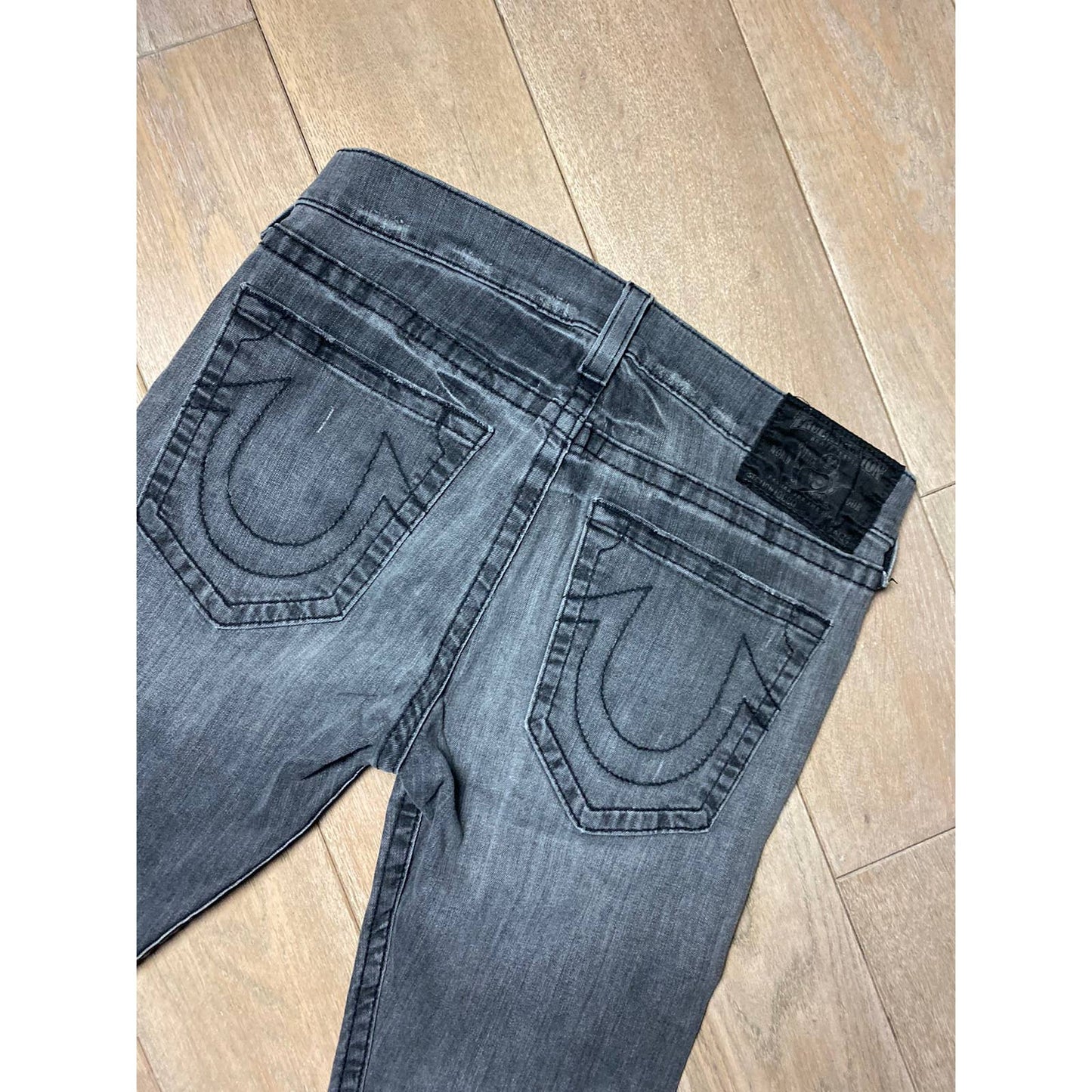 True Religion vintage grey jeans black thick stitching Y2K