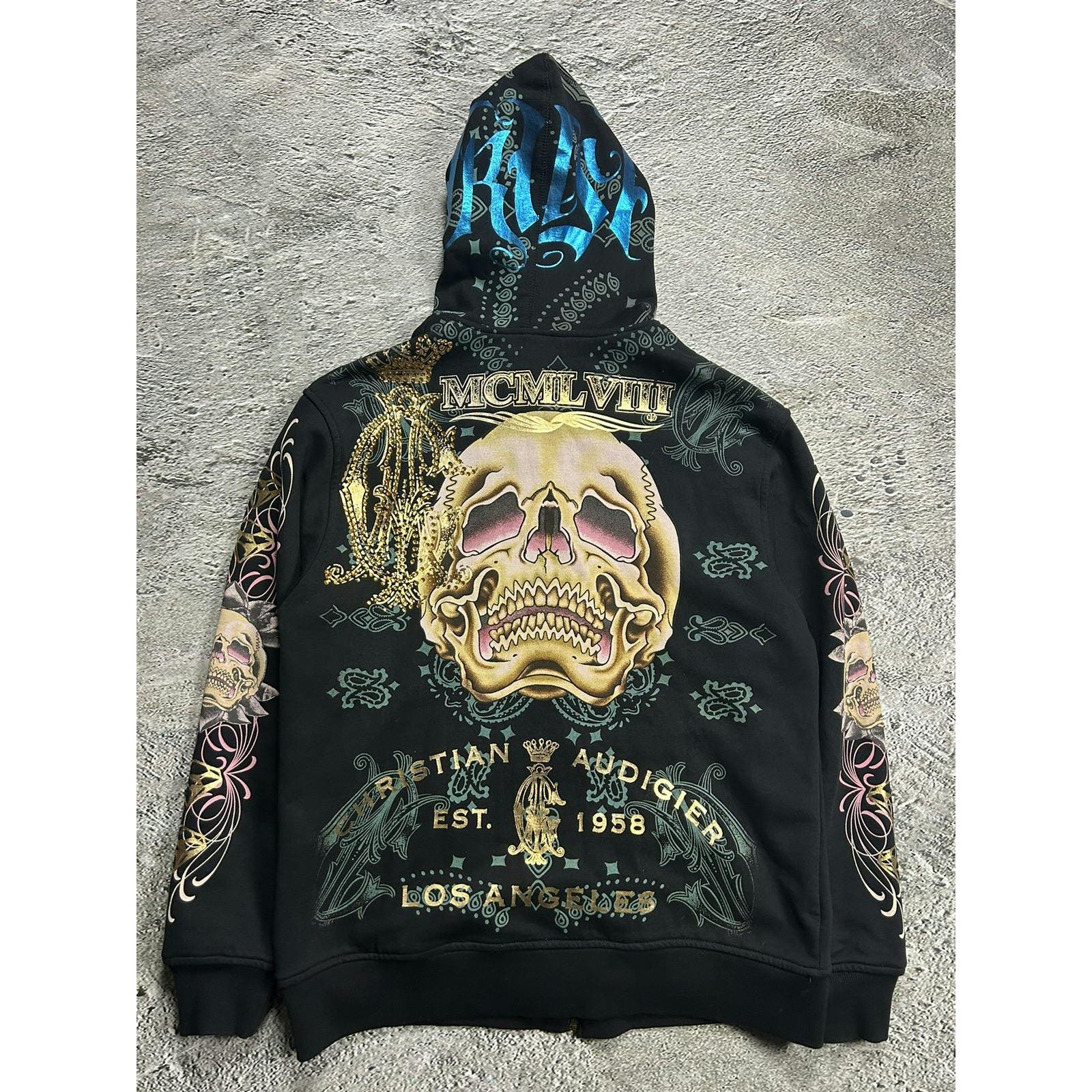 Ed Hardy Christian Audigier vintage zip hoodie black blue Refitted