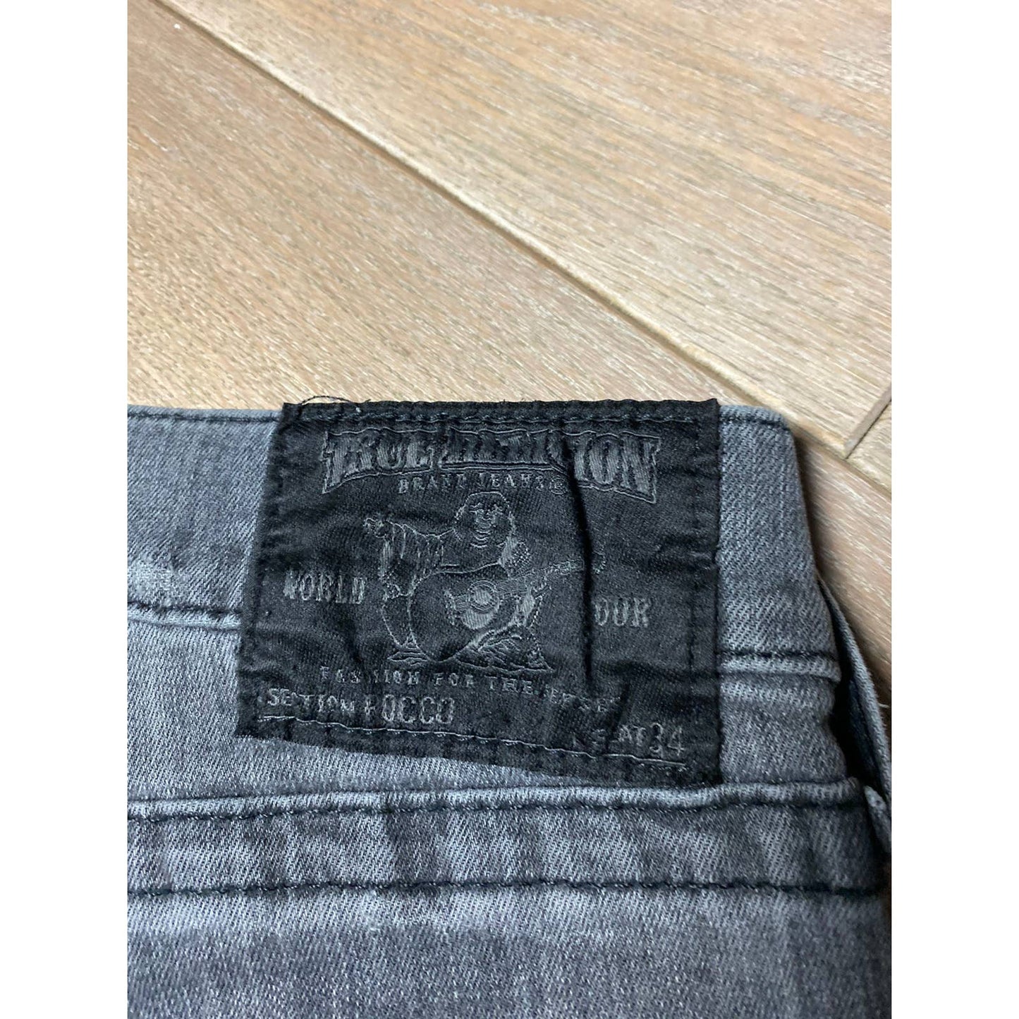 True Religion vintage grey jeans black thick stitching Y2K