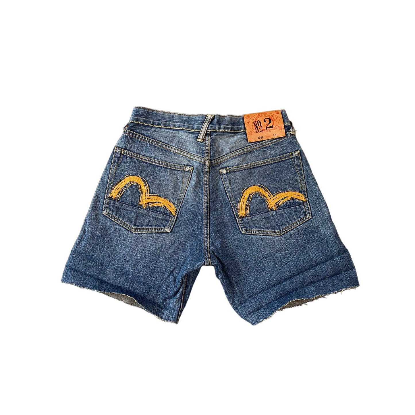 Evisu shorts denim yellow seagulls selvedge