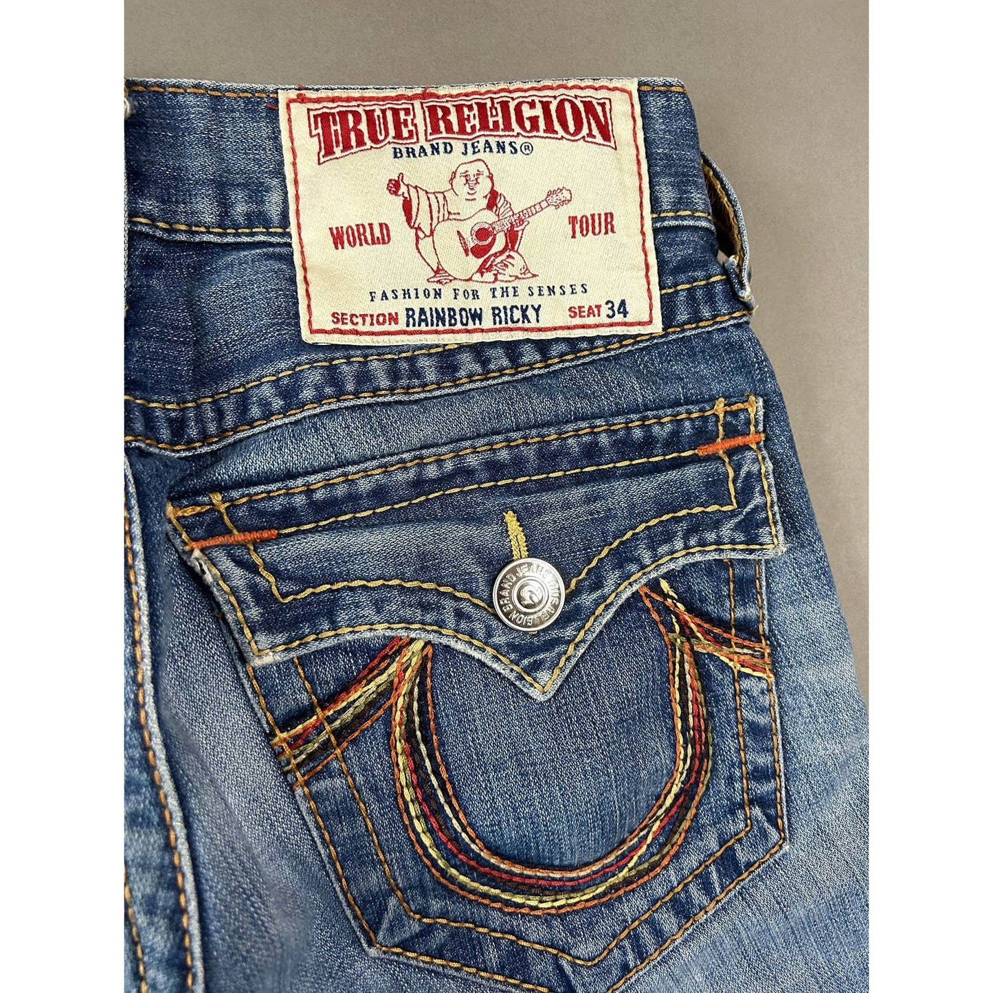 True Religion vintage blue jeans rainbow thick stitching Y2K