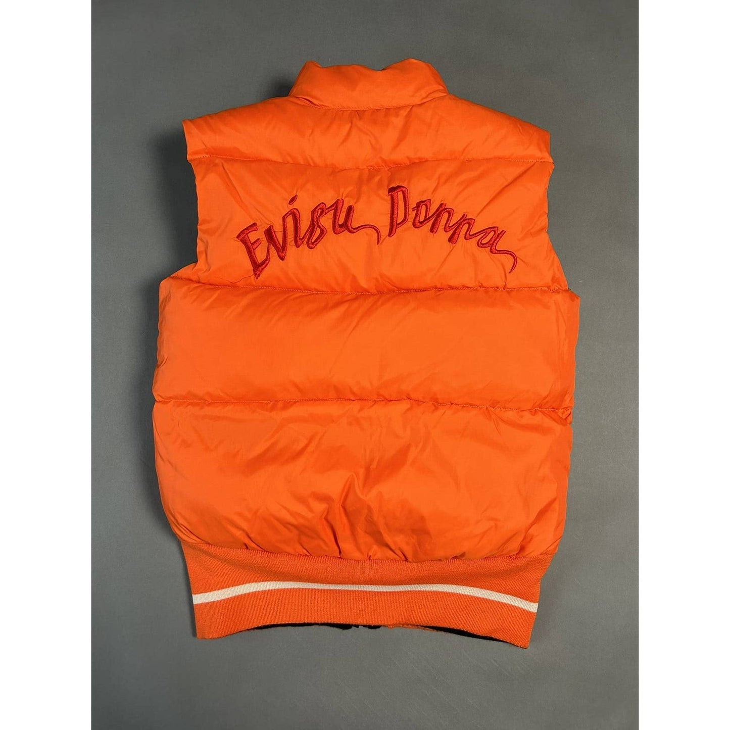 Evisu Donna vintage reversible puffer vest orange black