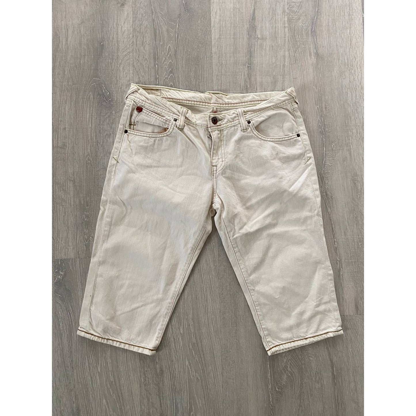 Evisu x Puma white jeans denim shorts capri pants Y2K