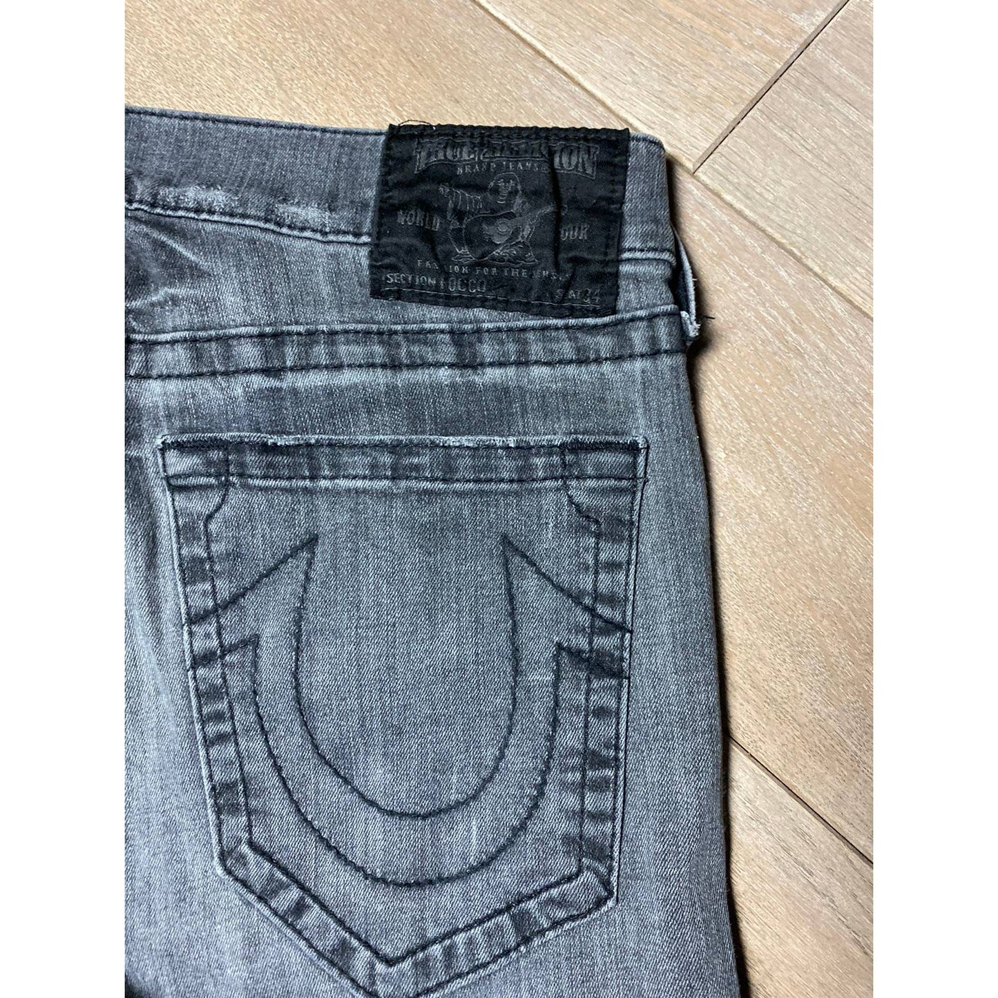 True Religion vintage grey jeans black thick stitching Y2K