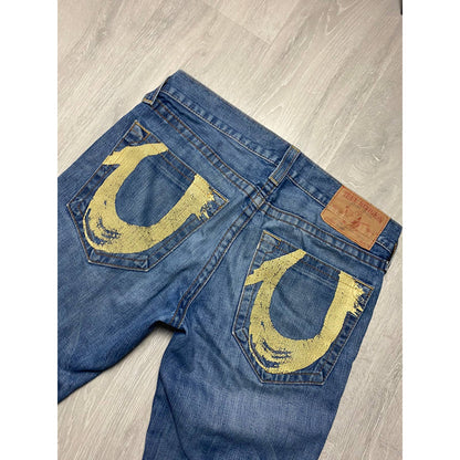 True Religion vintage blue denim shorts big painted logo