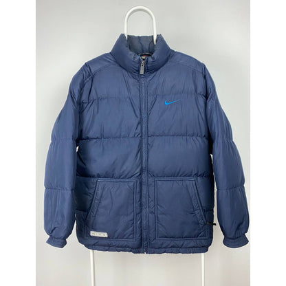 90s Nike vintage navy puffer jacket big swoosh baby blue