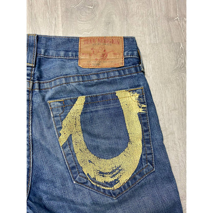 True Religion vintage blue denim shorts big painted logo