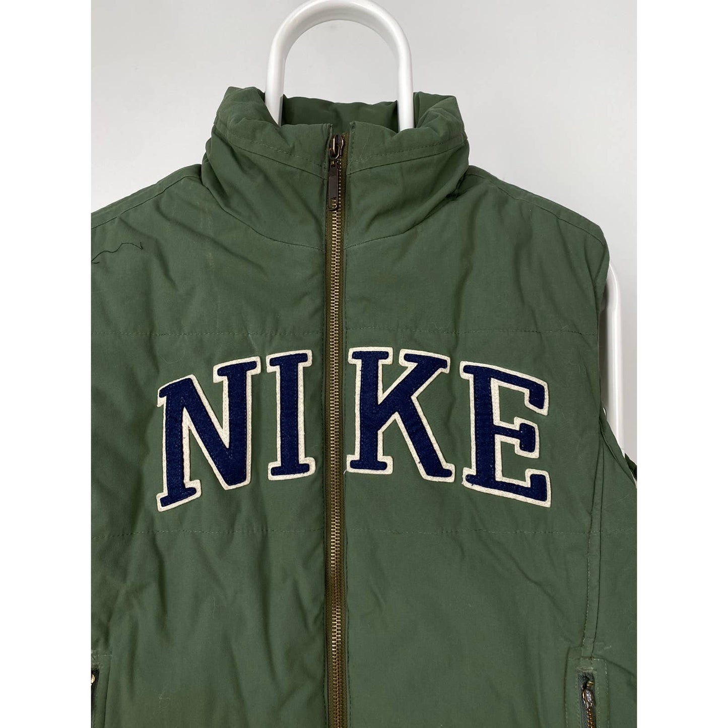 Nike vintage big spell out logo puffer vest green