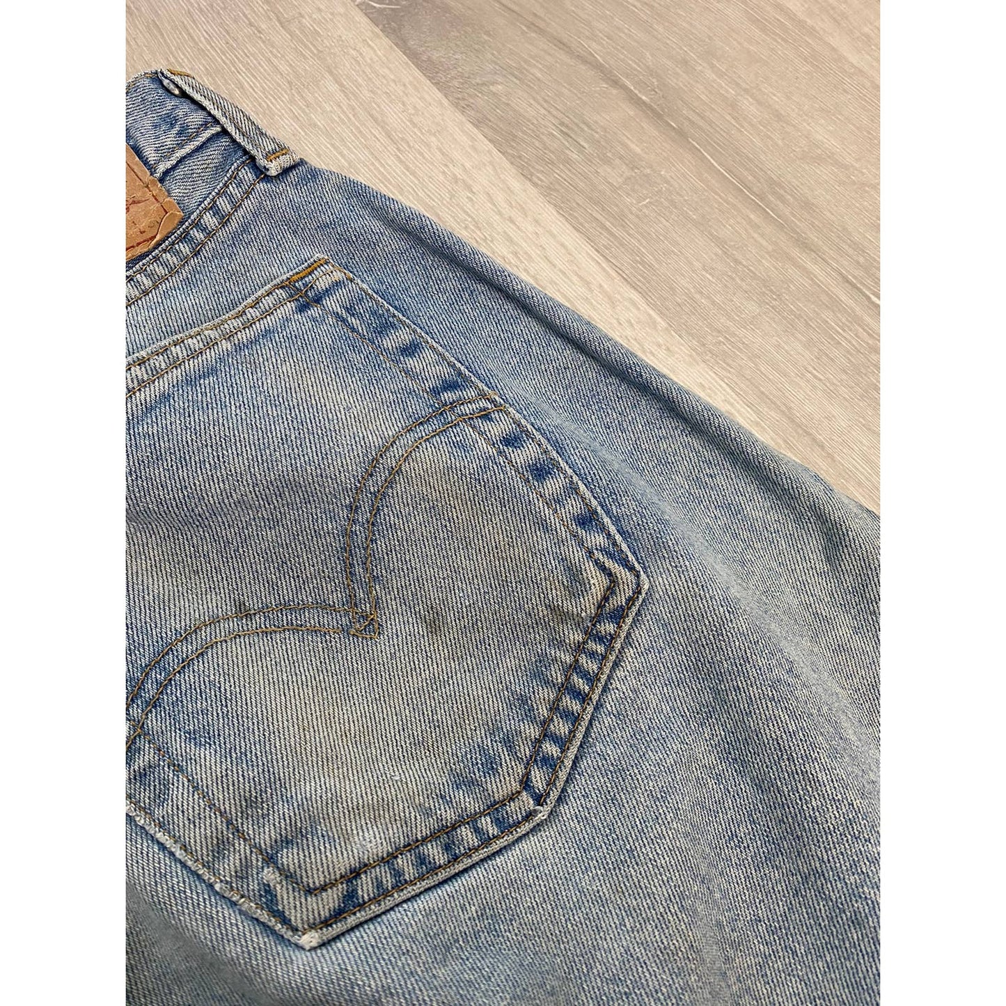 90s Levi’s 528 vintage baby blue jeans made in UK worn denim