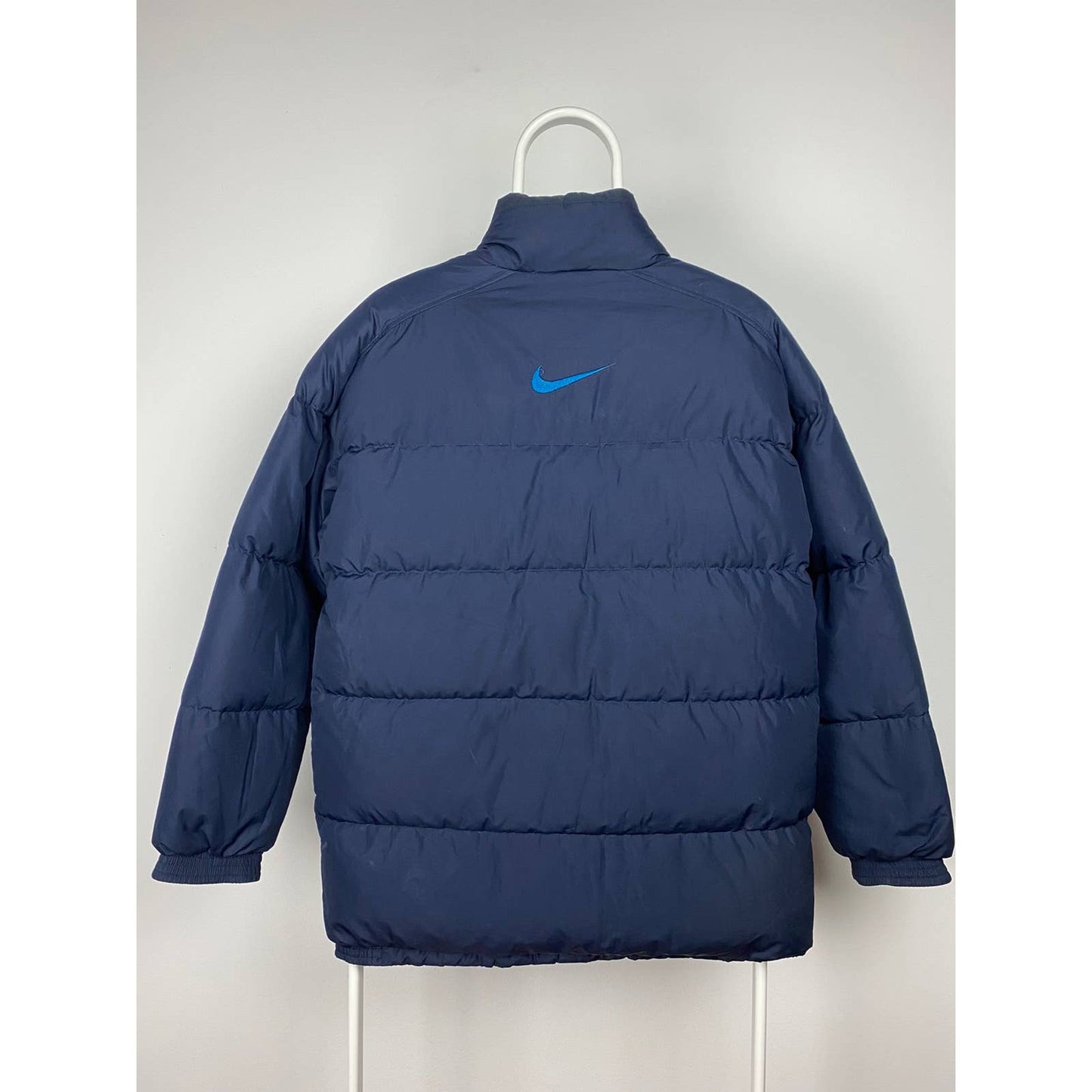 90s Nike vintage navy puffer jacket big swoosh baby blue