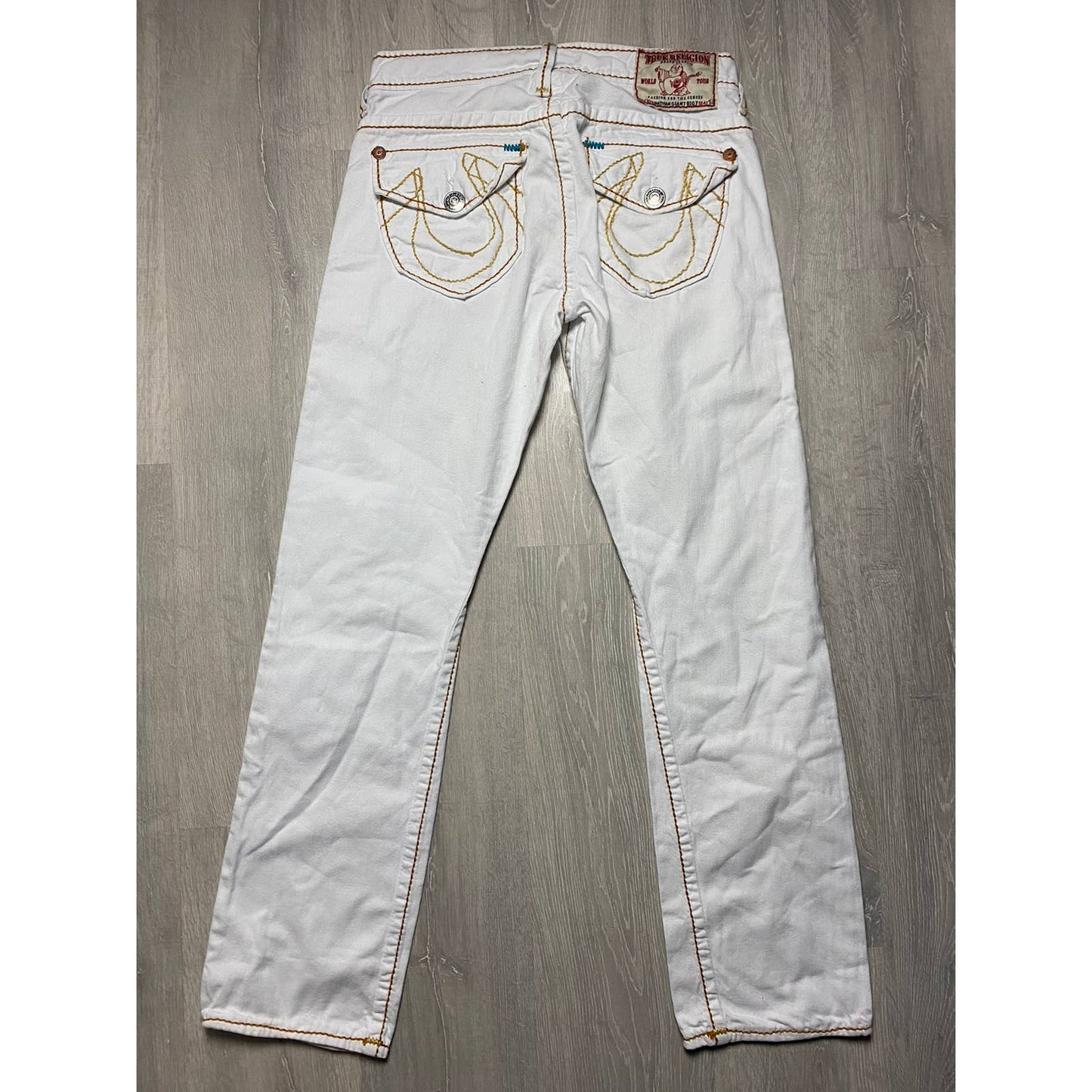 True Religion vintage white jeans Orange thick stitching Y2K