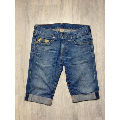 True Religion vintage blue denim shorts big painted logo