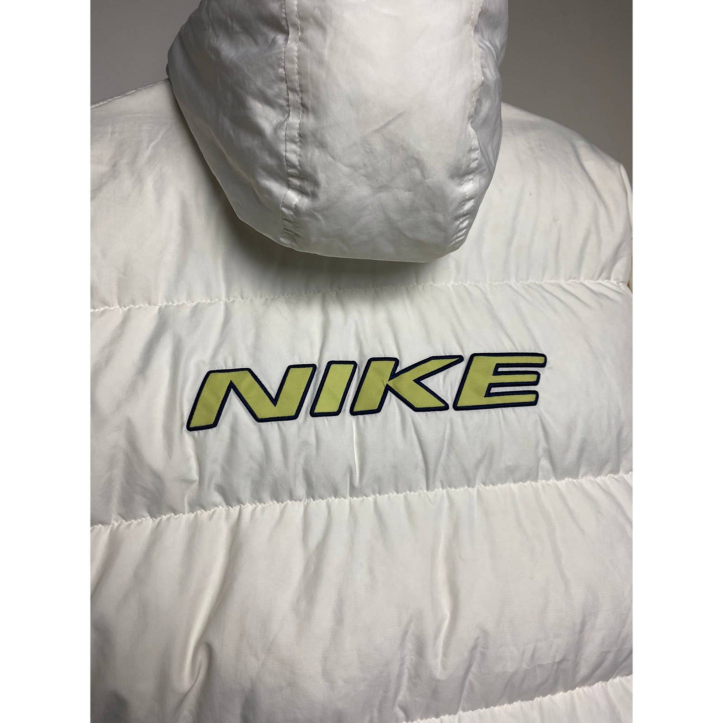 Nike vintage puffer jacket big logo white neon yellow 90s