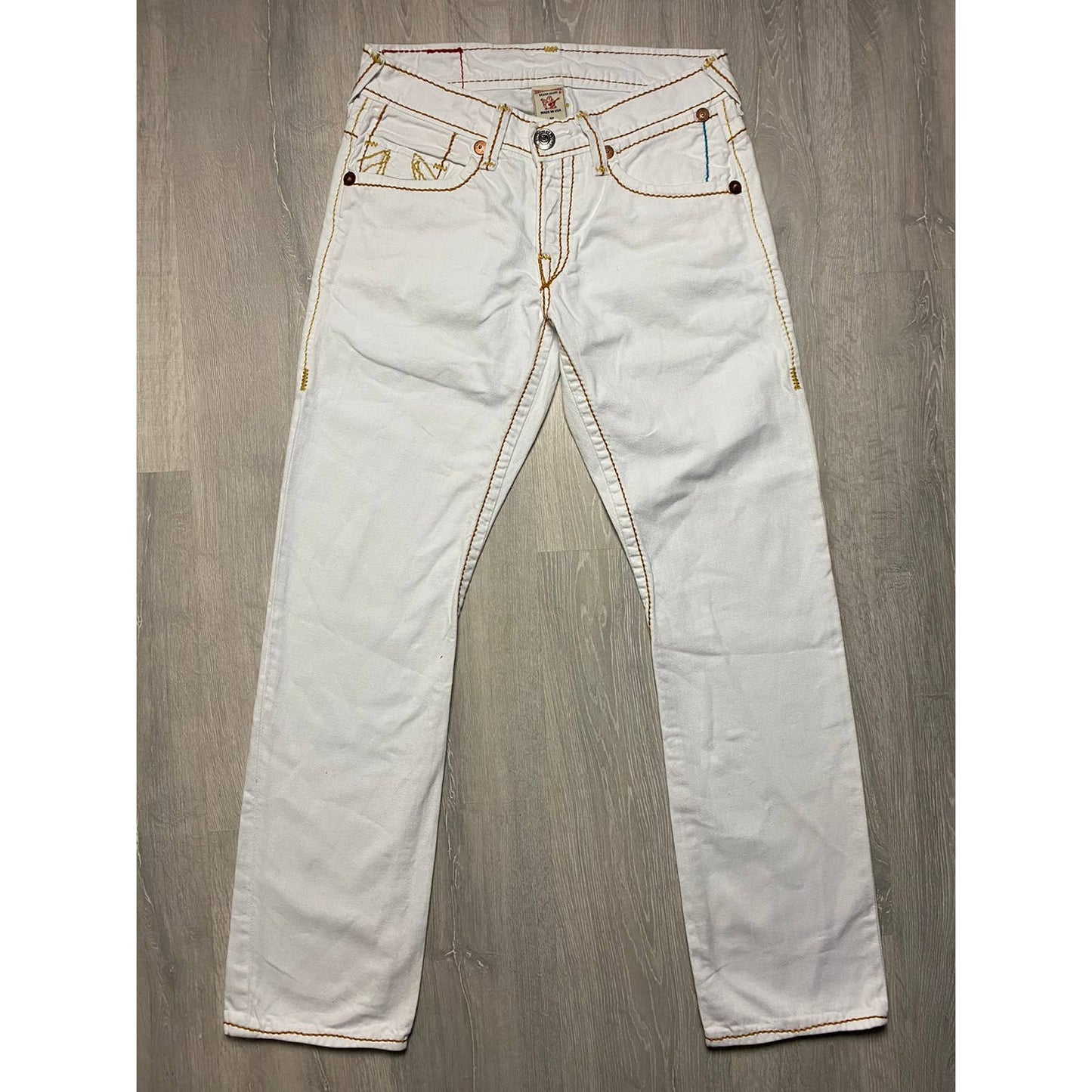 True Religion vintage white jeans Orange thick stitching Y2K