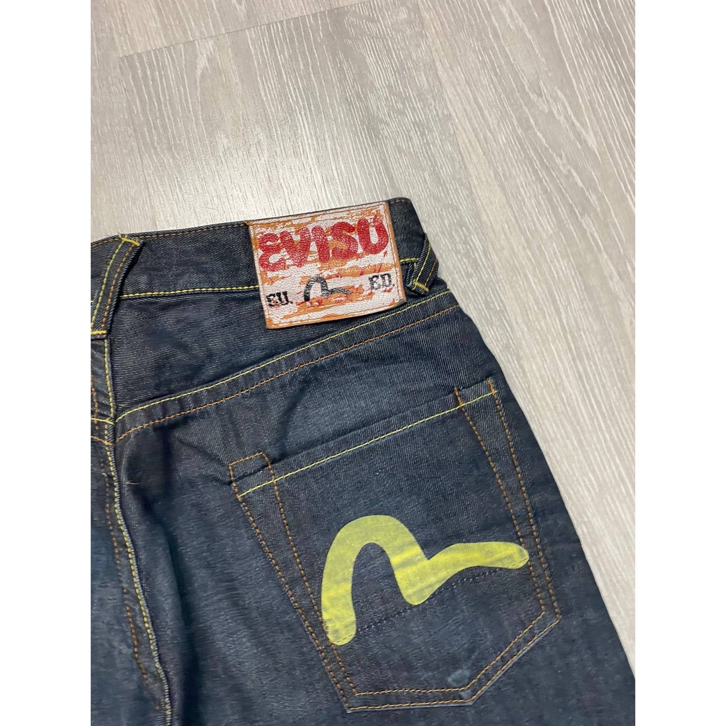 Evisu jeans EU ED vintage navy raw denim yellow seagulls