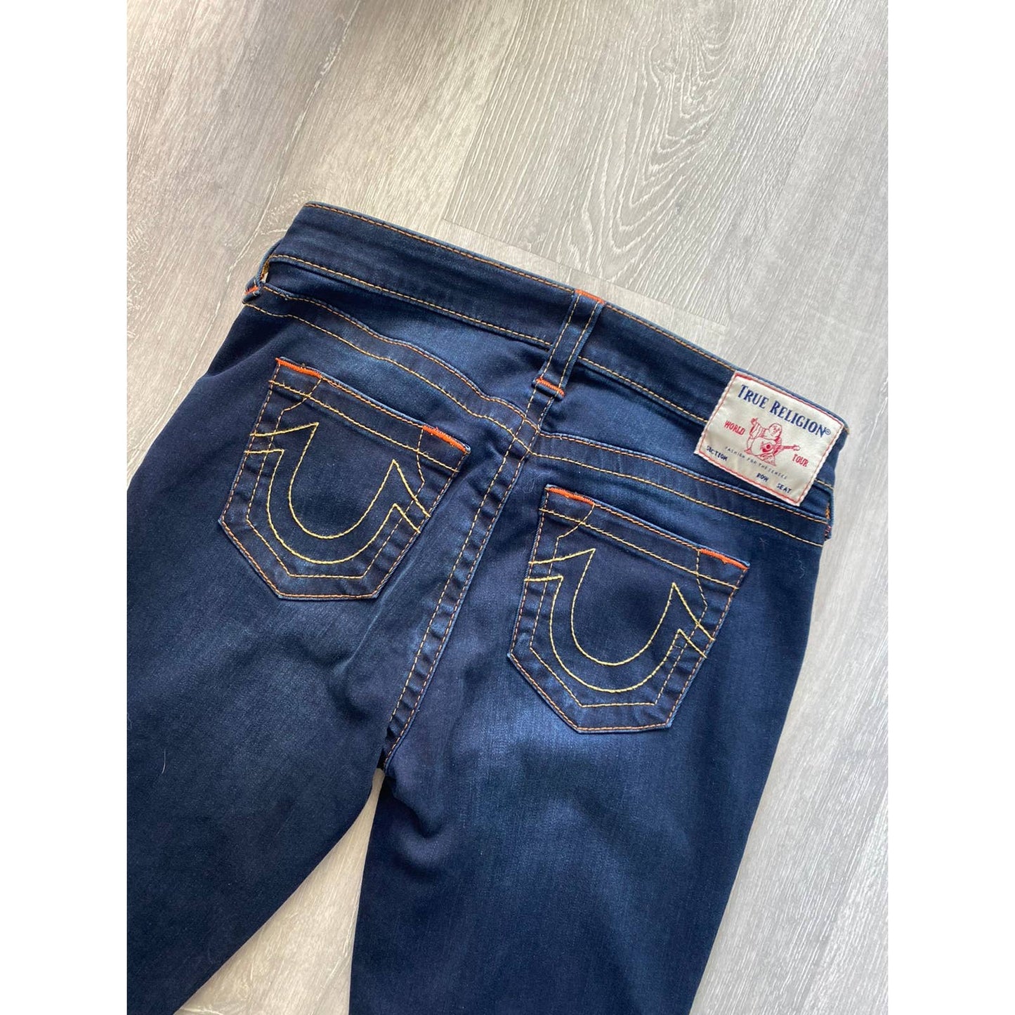 True Religion vintage navy jeans orange stitching