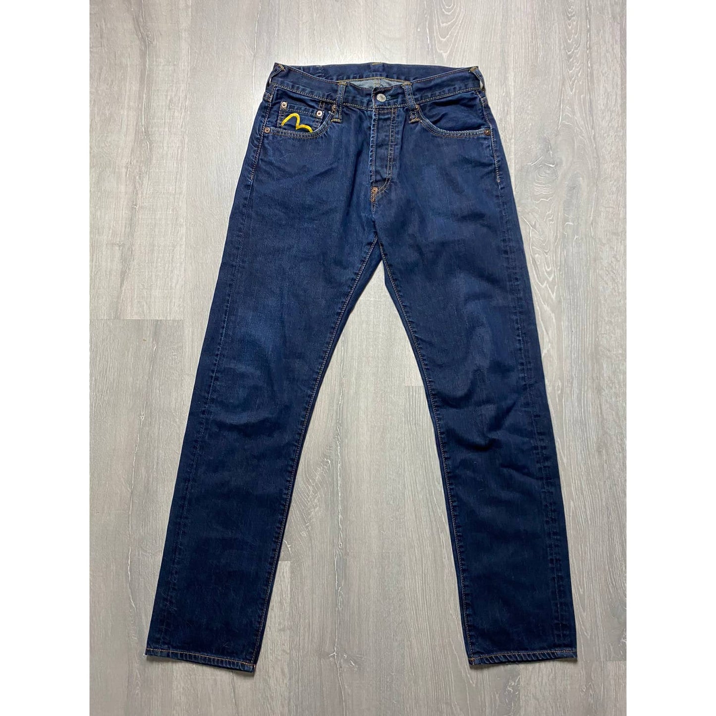 Evisu Genes Japan vintage navy jeans yellow seagulls