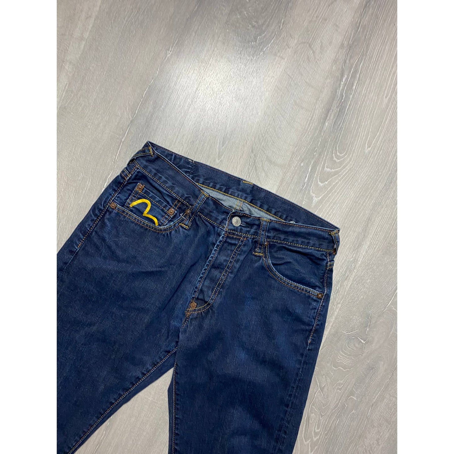 Evisu Genes Japan vintage navy jeans yellow seagulls