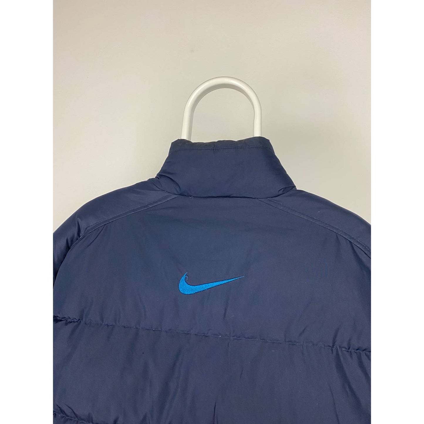 90s Nike vintage navy puffer jacket big swoosh baby blue