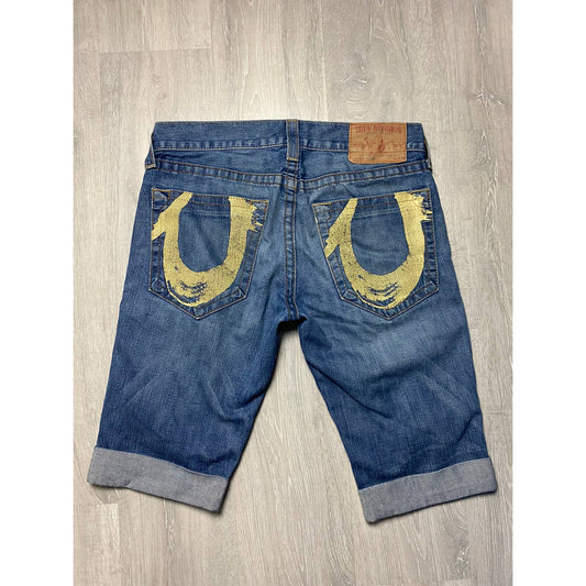 True Religion vintage blue denim shorts big painted logo