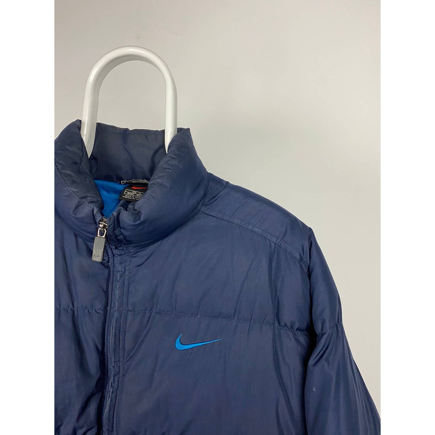 90s Nike vintage navy puffer jacket big swoosh baby blue