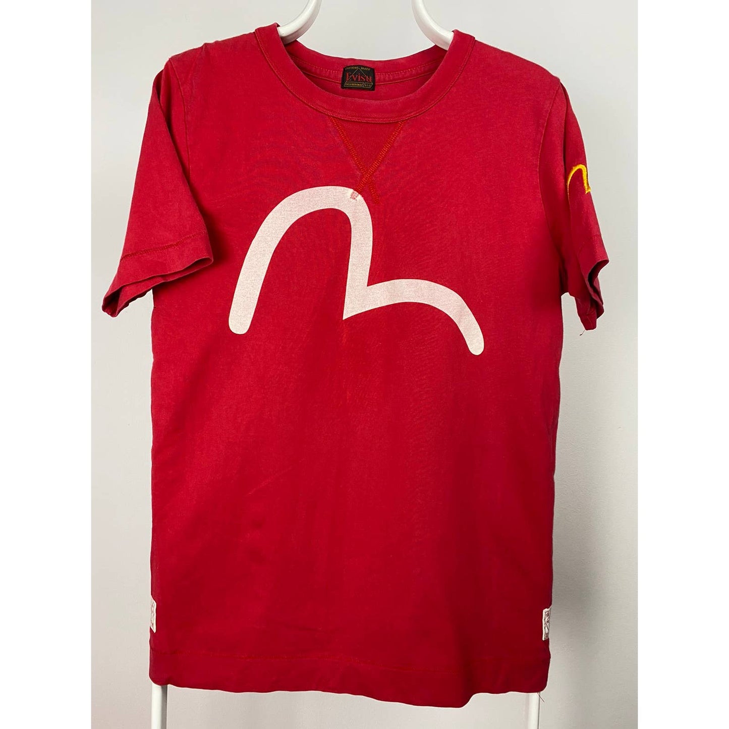 Evisu Japan vintage big logo seagull T-shirt white on red